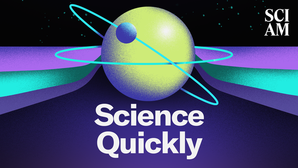 A small blue circle surrounds a larger purple-blue circle, with "Science in a Hurry" written below.