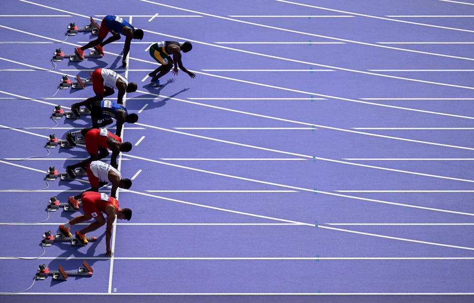 Paris, France - 3 August 2024;  Team Mozambique's Steven Sabino gets off to a poor start during the men's 100m first leg at the Stade de France during the 2024 Paris Summer Games in Paris, France.  (Photo by Sam Barnes/Sportsfile via Getty Images)