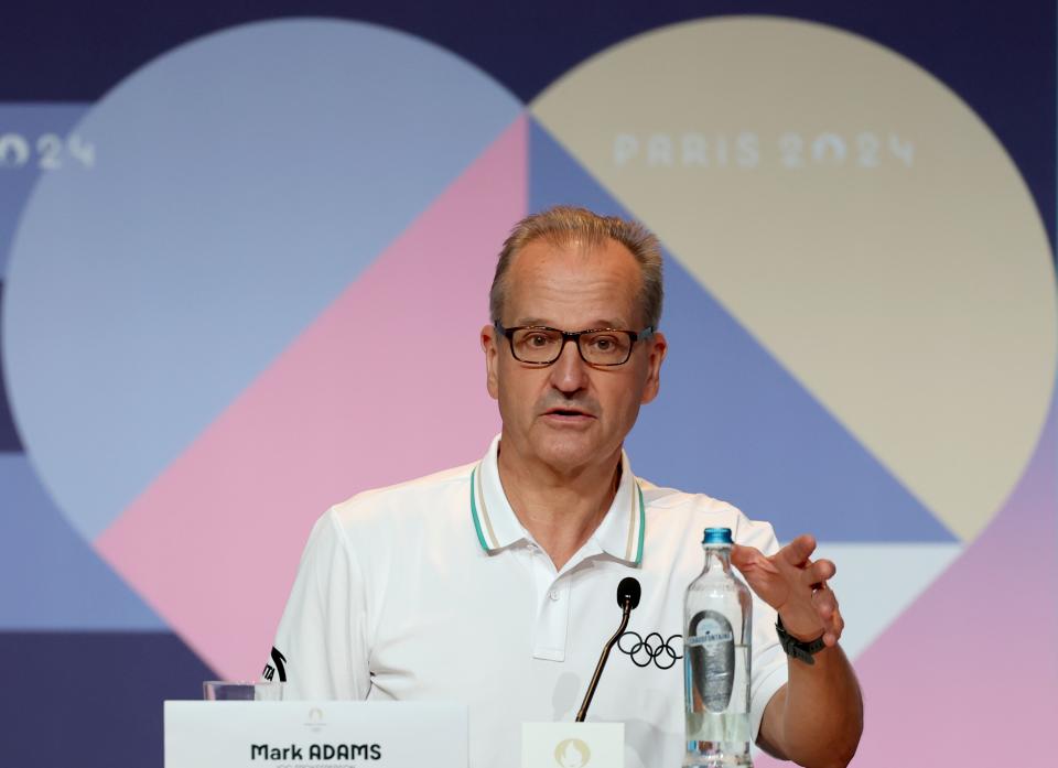 Mark Adams, IOC spokesman, attends the IOC-Paris 2024 daily joint press conference, where World Triathlon delegates attend for the postponement of the men's triathlon, at the Main Press Center during the Games Paris Olympics 2024 Paris, France, on July 30, 2024. .  The Men's Triathlon, which was originally scheduled to be held at 08:00 on Tuesday, has been postponed and will be held at 10:45 on Wednesday, after the Women's Triathlon competition.  (Photo by Li Ming/Xinhua via Getty Images)