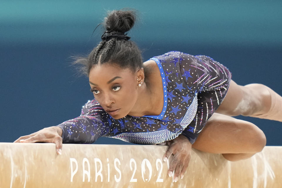 American Simone Biles competes during the women's all-around gymnastics final at the Paris Olympics, Thursday, Aug.  1, 2024. (AP Photo/Natacha Pisarenko)