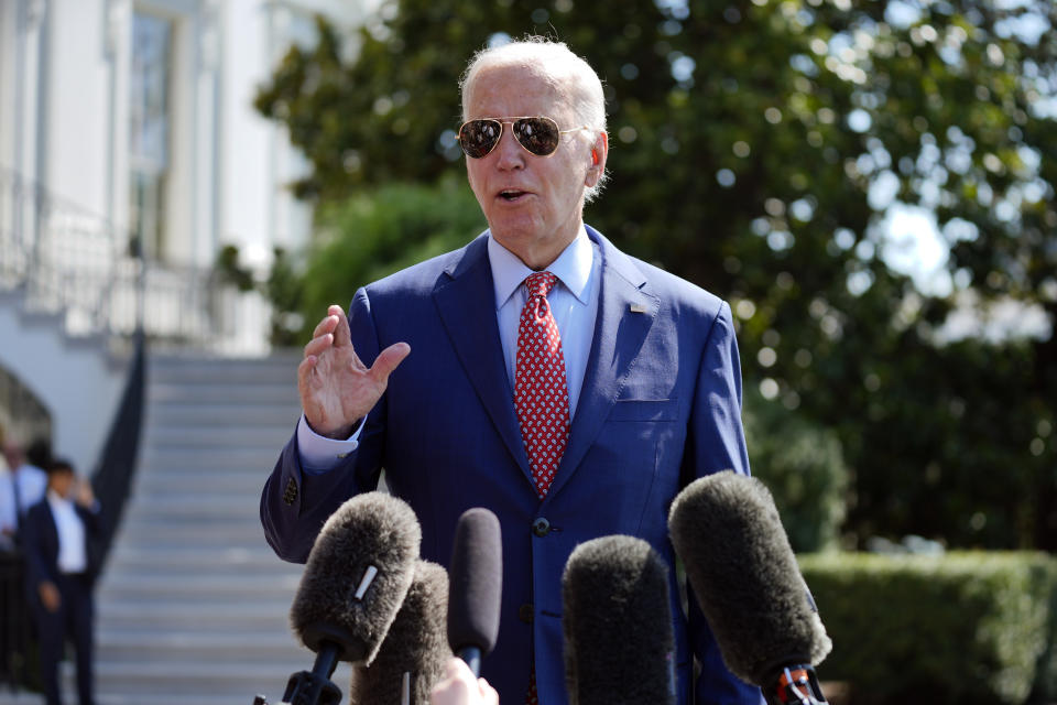 President Joe Biden speaks to reporters before boarding Marine One on the South Lawn of the White House, Friday, Aug.  2, 2024, Washington, to Wilmington, Del.  (AP Photo/Evan Vucci)